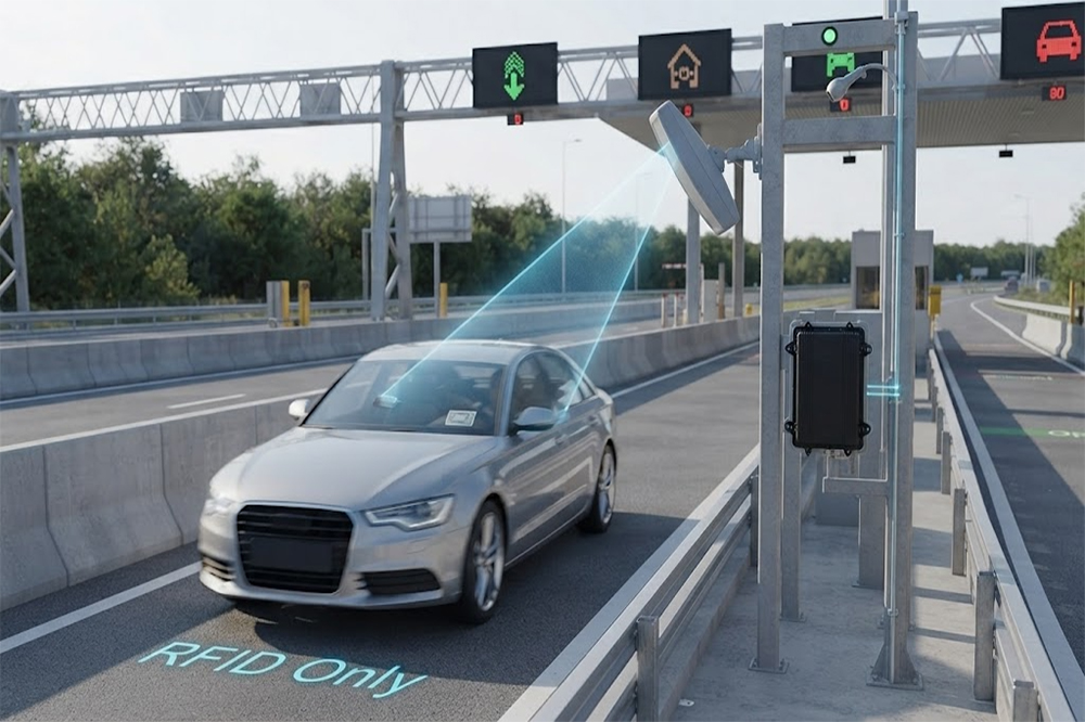 Long Range RFID Scanner for Toll Roads: How RFID Automates Vehicle Identification 2 High speed RFID vehicle identification at a toll checkpoint