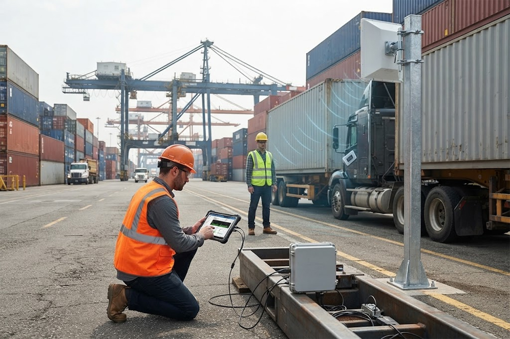 Engineers testing a long range RFID scanner for port tracking