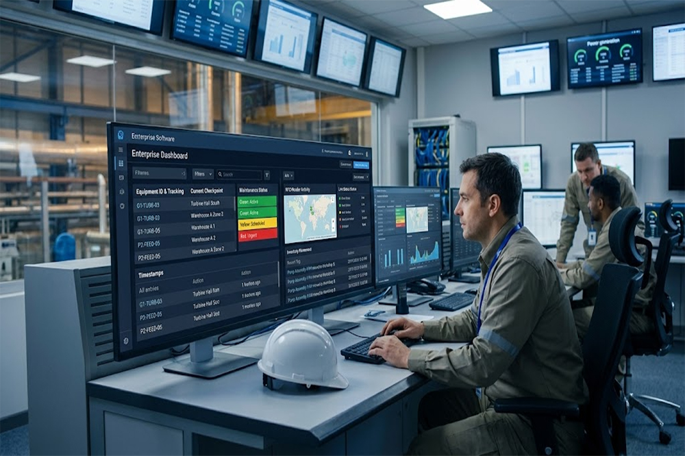RFID power plant asset tracking system connected to maintenance software