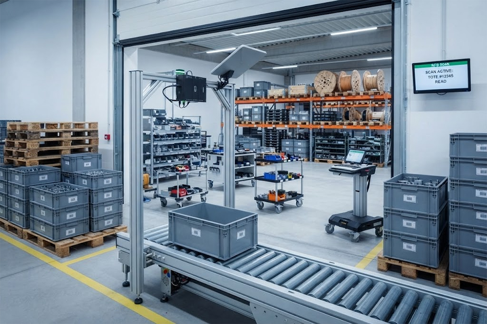 Long Range RFID Scanner for Smart Factories: How to Track Equipment and Materials Automatically 1 RFID tracking raw materials and containers in a smart factory.