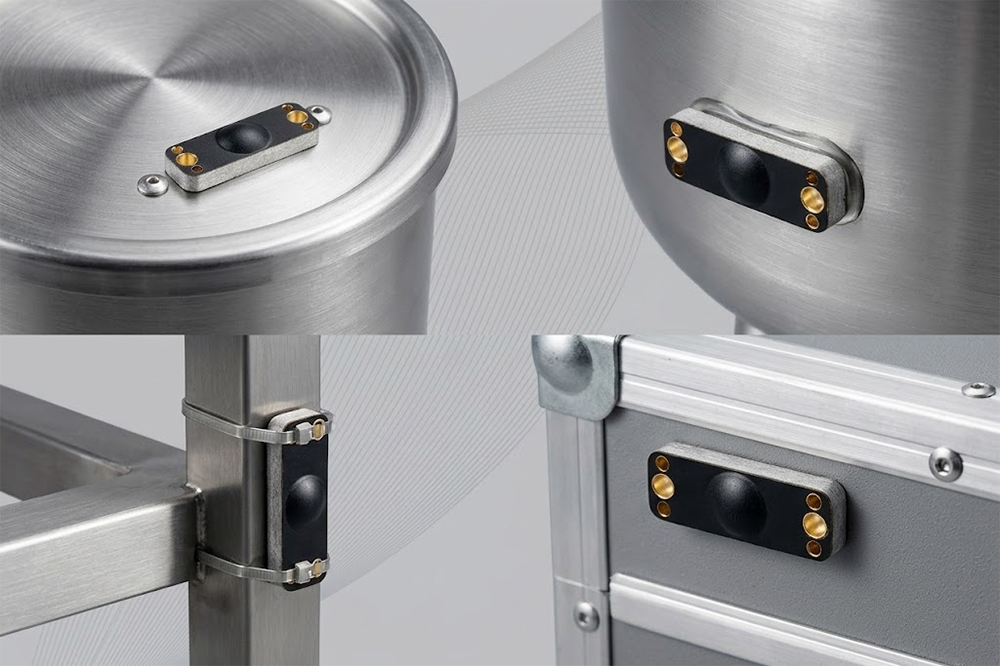 On-metal RFID tags attached to stainless-steel pharmaceutical containers.