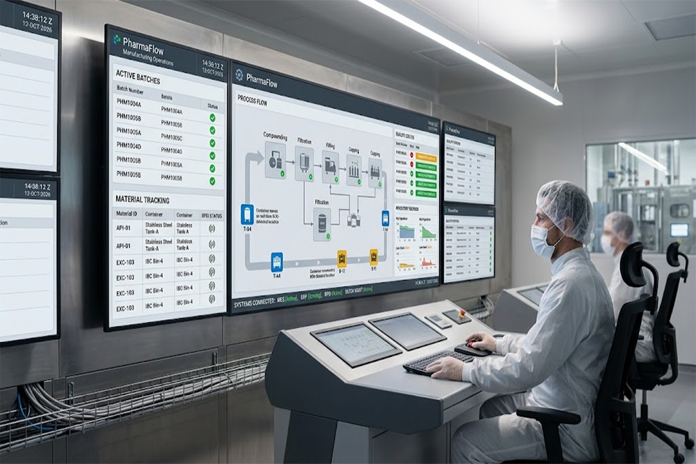RFID pharmaceutical manufacturing system connected to batch and inventory software.