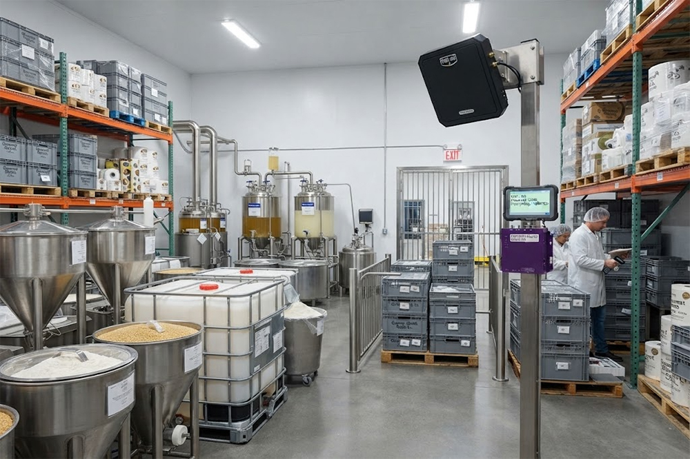 Long Range RFID Scanner for Food and Beverage Manufacturing: How to Track Materials and Equipment 1 RFID tracking raw materials and ingredient containers in a food factory.