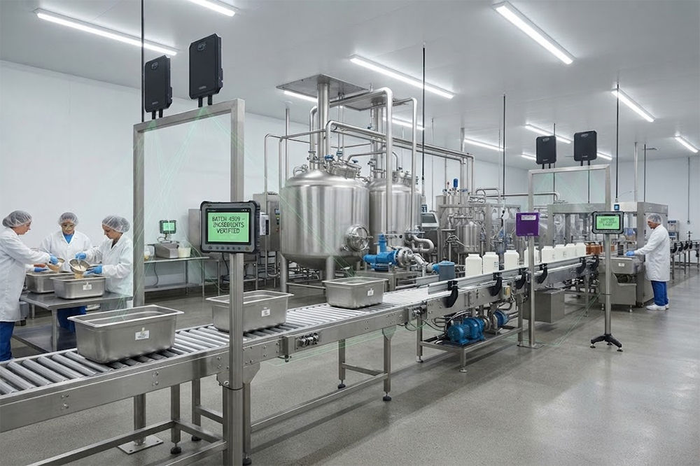 Long Range RFID Scanner for Food and Beverage Manufacturing: How to Track Materials and Equipment 2 RFID tracking food production containers between manufacturing stages.
