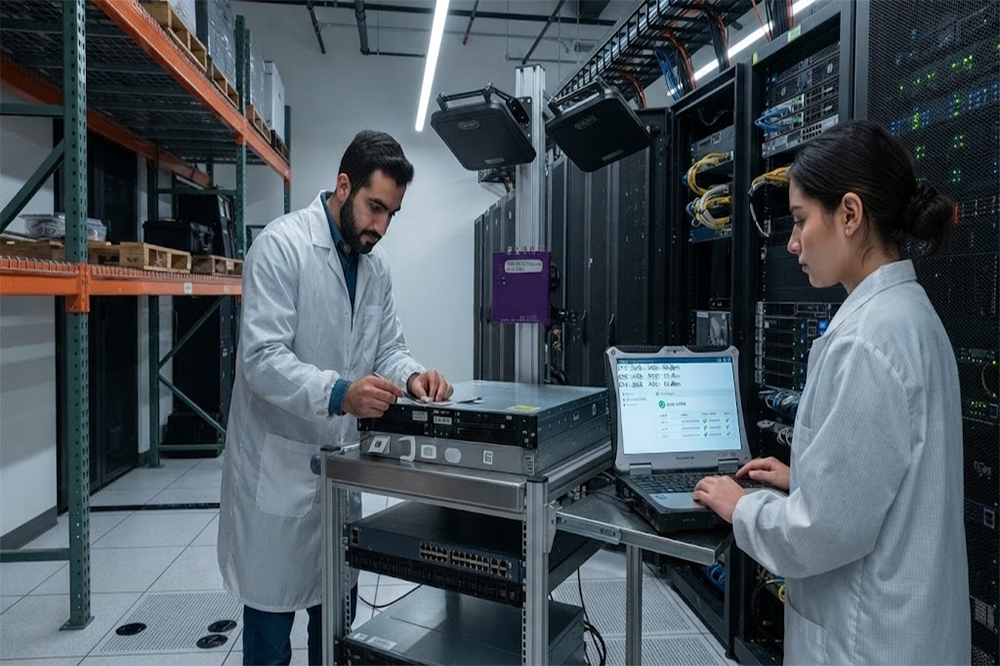 Long Range RFID Scanner for Data Centers: How to Track IT Equipment and Assets 3 Engineers testing long range RFID scanner performance near server racks.
