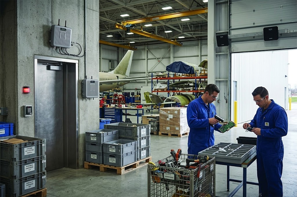 Long range RFID scanner tracking aerospace parts during receiving and inspection.