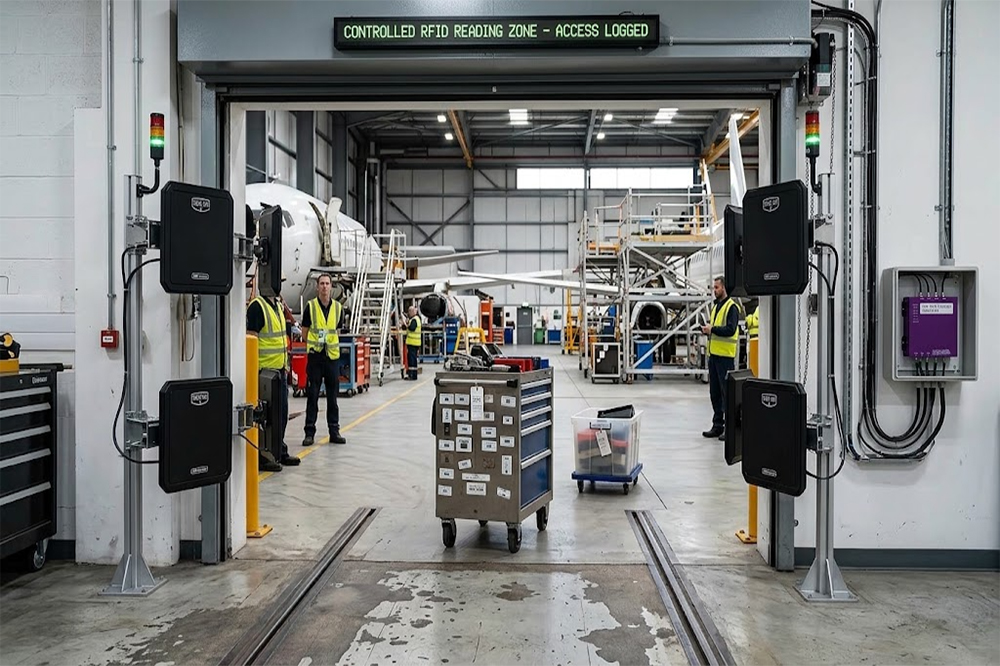 Directional RFID antennas creating a controlled reading zone in an aerospace workshop.