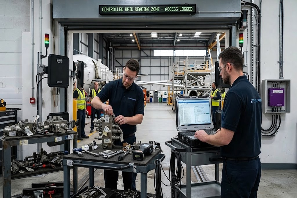 Engineers testing long range RFID scanner performance on aerospace components and tools.