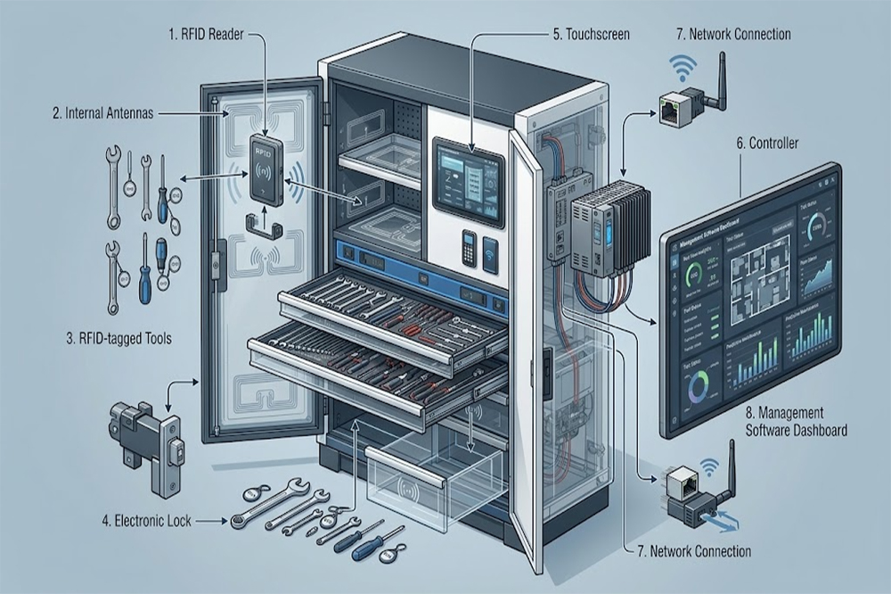 What Is RFID Tool Cabinet and How Does It Work? 2 RFID tool cabinet components including RFID reader, antennas, tags, electronic lock, controller, and software