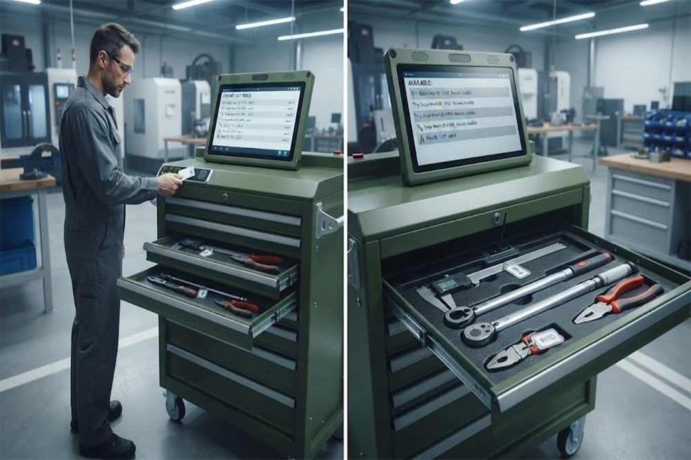 What Is RFID Tool Cabinet and How Does It Work? 3 Technician using an RFID tool cabinet for automated tool borrowing and returning