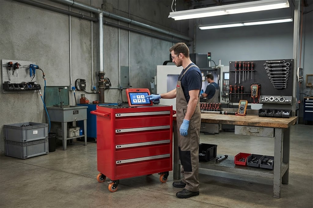 What Is RFID Tool Cabinet and How Does It Work? 4 Industrial maintenance workshop using an RFID smart tool cabinet for tool control