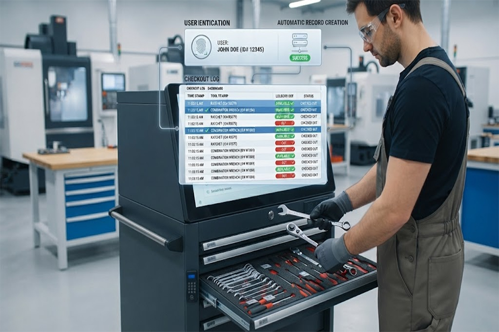 RFID Tool Cabinet Benefits for Workshops and Industrial Operations 2 Technician removing multiple tools from an RFID tool cabinet with automatic checkout records