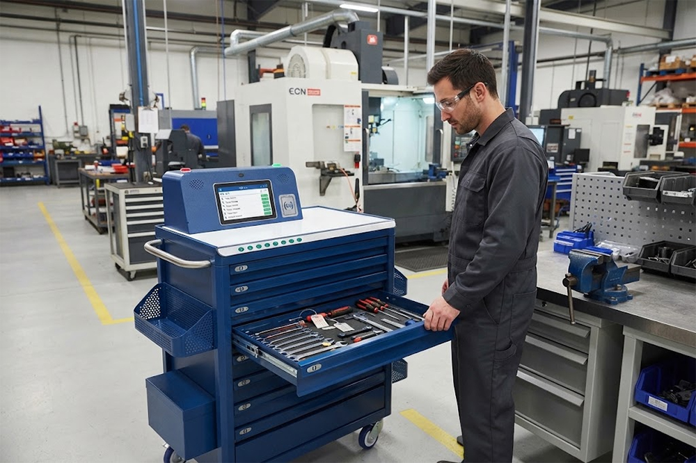RFID Tool Cabinet Benefits for Workshops and Industrial Operations 3 Maintenance technician borrowing tools from an RFID cabinet for a scheduled repair task