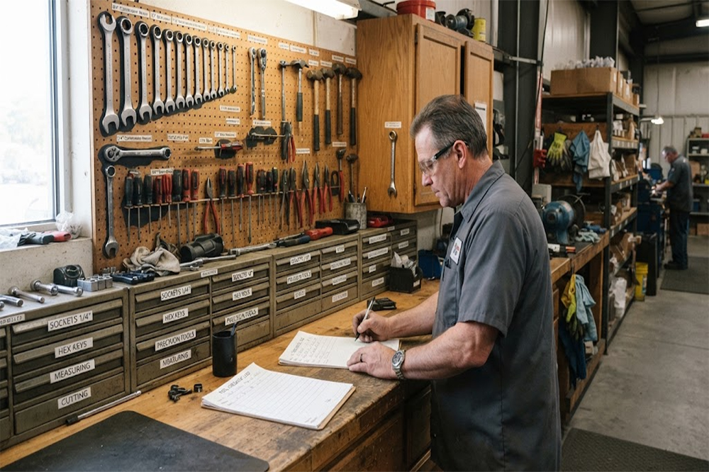 Traditional workshop tool cabinet using labels, drawers, and manual sign-out records