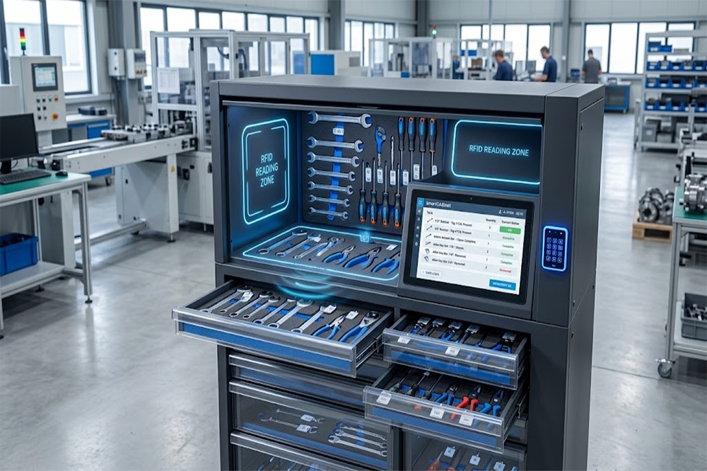 RFID smart tool cabinet identifying tagged tools and displaying digital inventory records