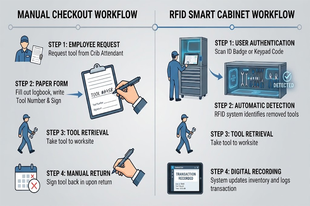 Comparison of manual tool checkout and automated RFID tool checkout workflows