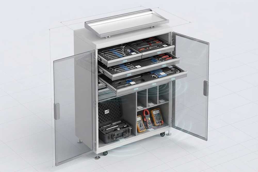 RFID tool cabinet with drawers, shelves, compartments, and designated tool positions