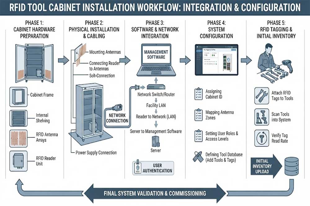 RFID Tool Cabinet Installation Guide: How to Set Up RFID Tool Storage System 1 RFID tool cabinet setup workflow from tags to software