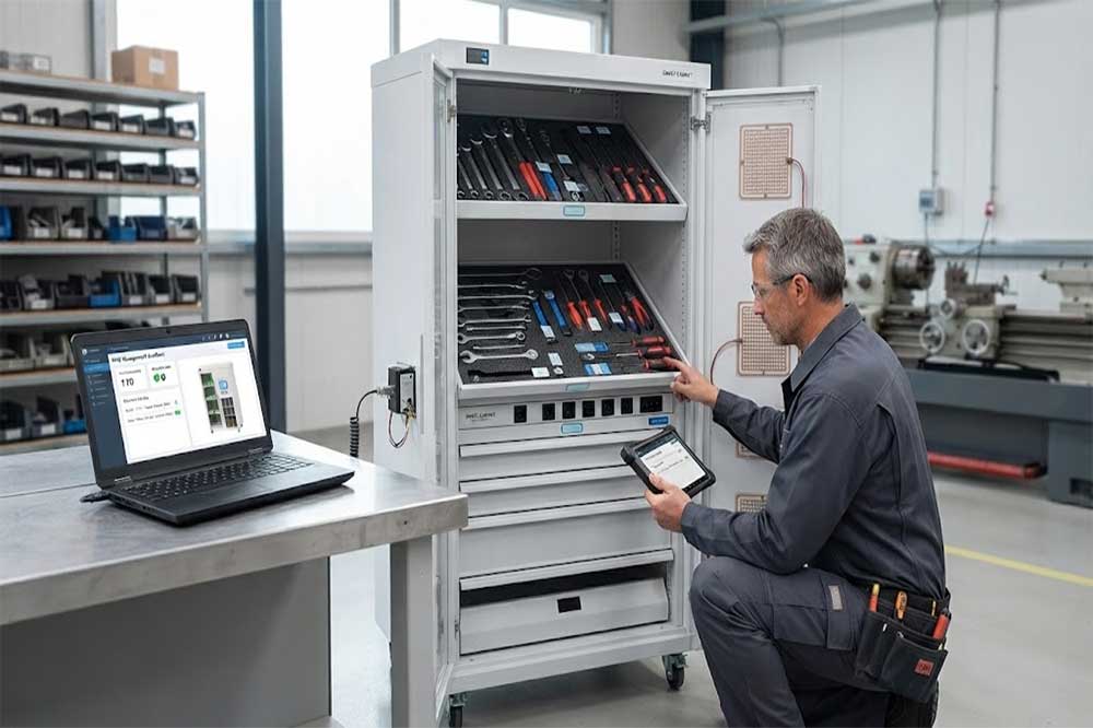 RFID Tool Cabinet Maintenance and Troubleshooting Guide 3 Engineer performing preventive maintenance on an RFID tool cabinet
