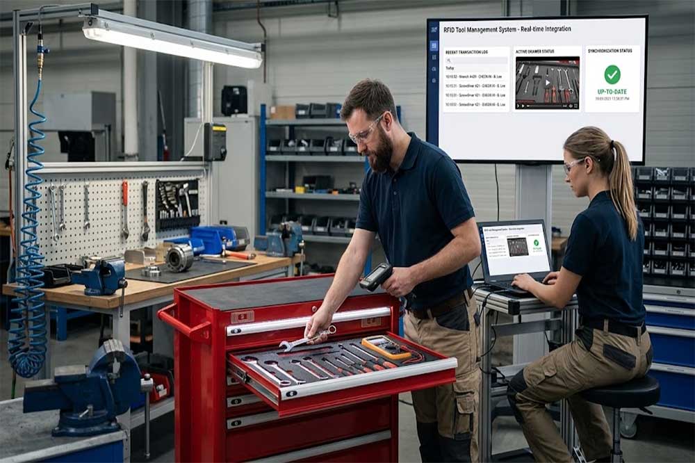 Engineers testing RFID cabinet software integration