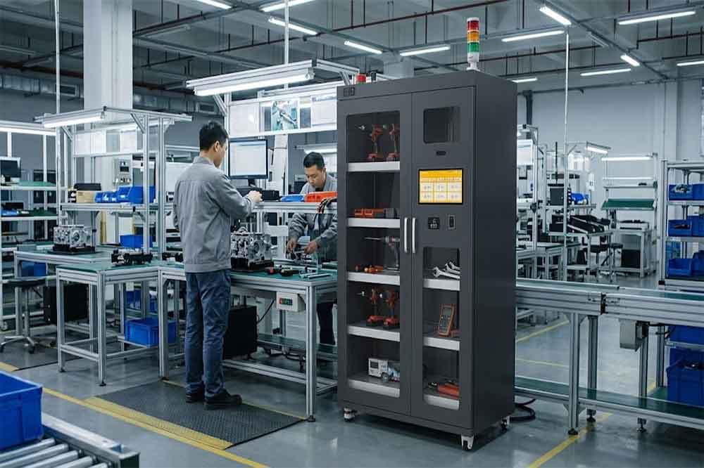 RFID smart tool cabinet beside a manufacturing production line