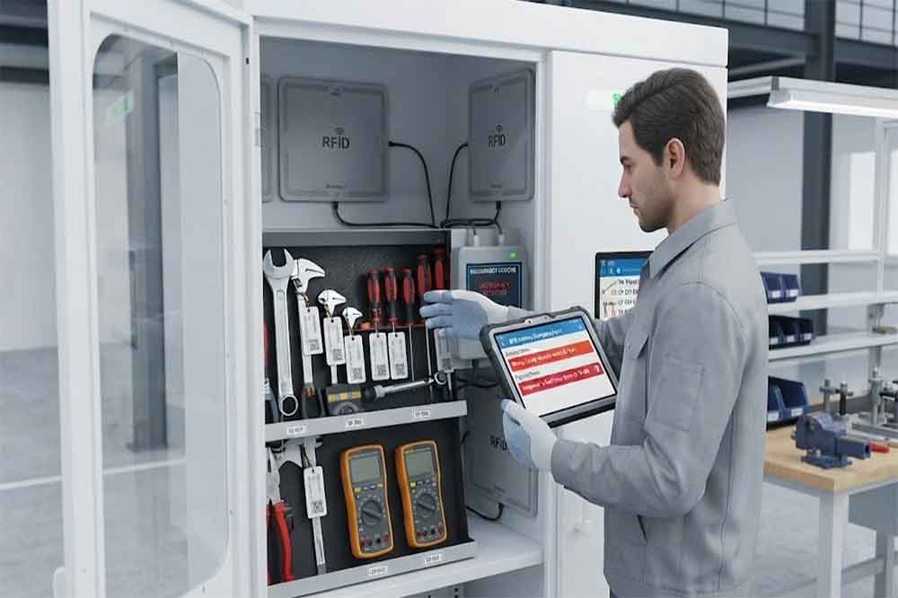 RFID system detecting missing tools from a tool cabinet