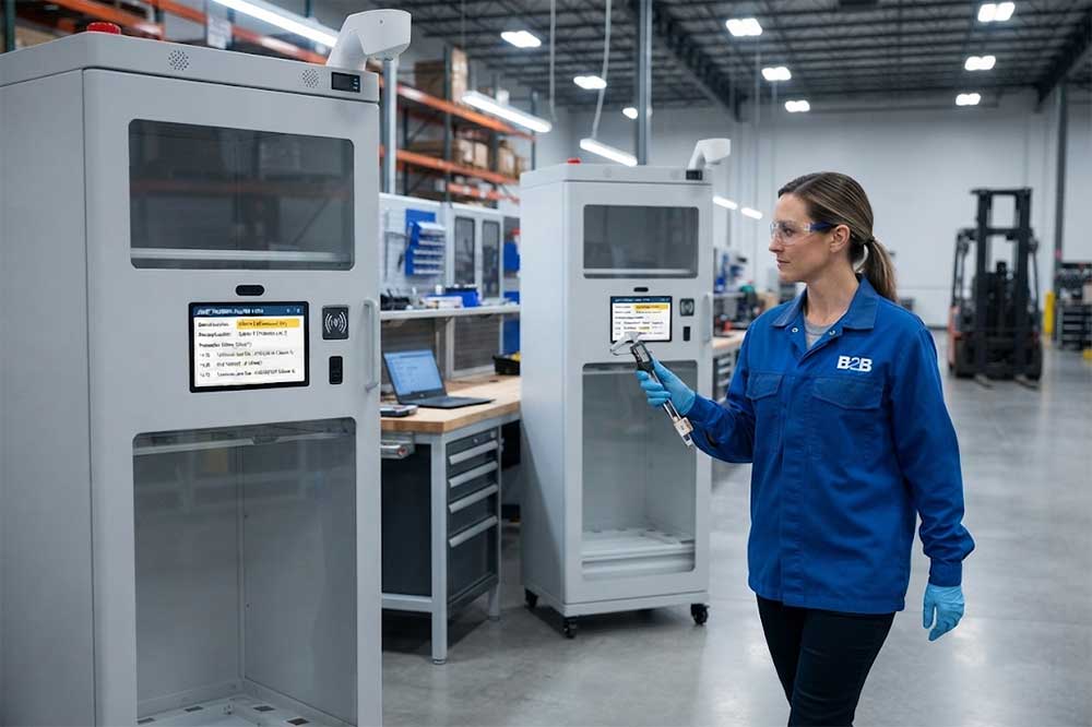 RFID Tool Cabinet Deployment: How to Scale From One Cabinet to Multiple Locations 3 tracking tools moving between RFID cabinets and factory locations