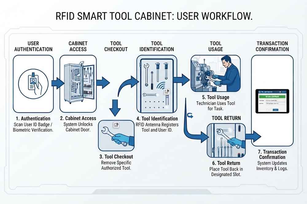 RFID tool cabinet user training workflow from authentication to tool return
