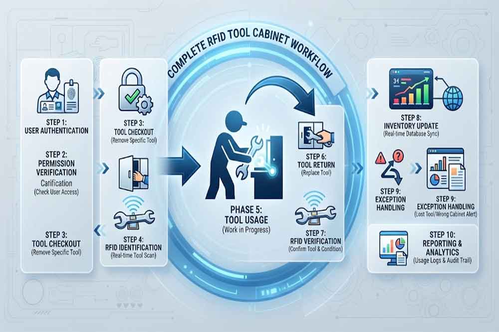 RFID tool cabinet workflow from user authentication to tool return and inventory update