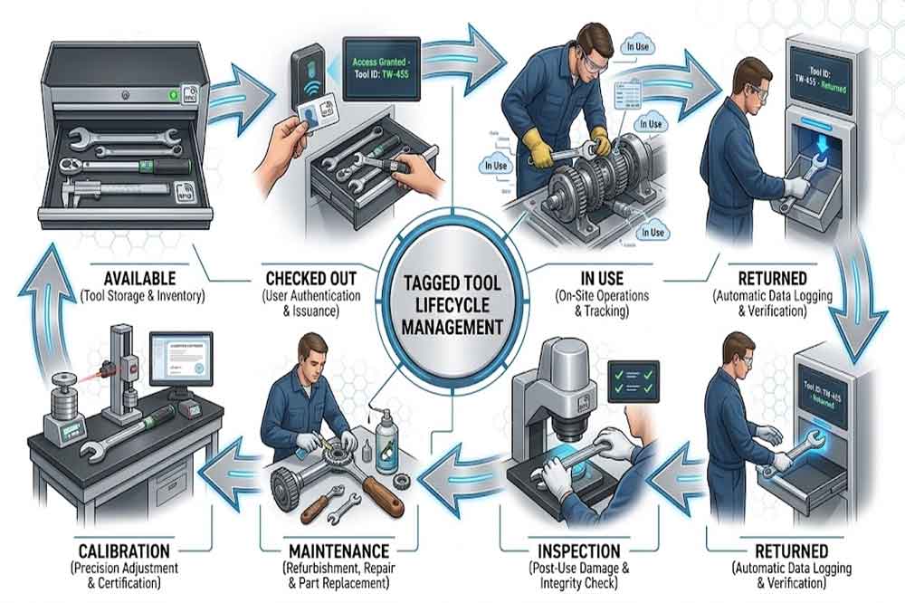 RFID tool lifecycle from available to checkout, return, inspection, and maintenance