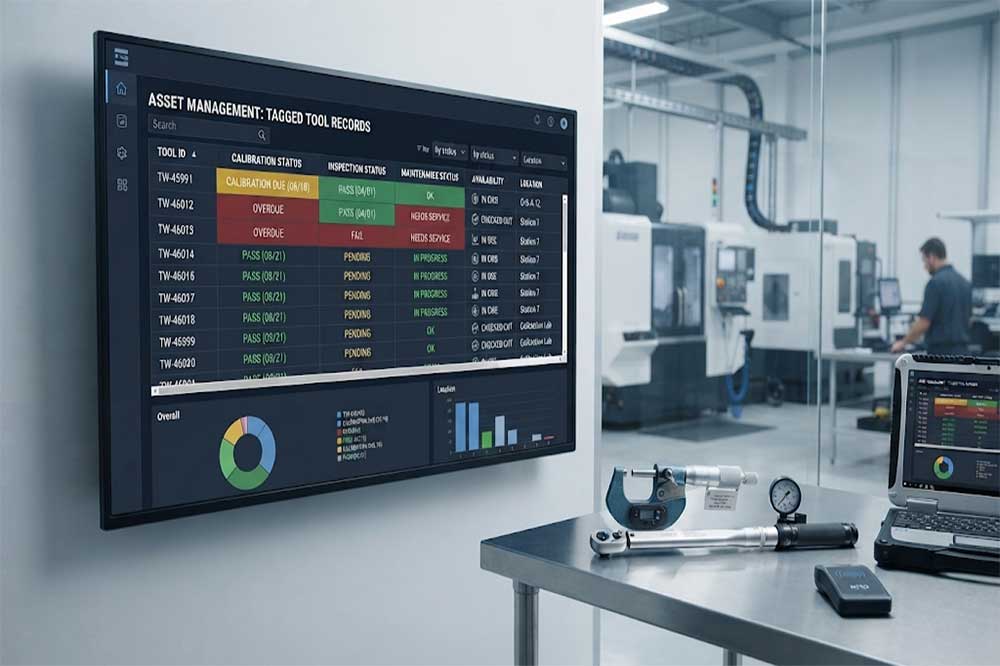 Digital tool records showing calibration, inspection, maintenance, and availability status