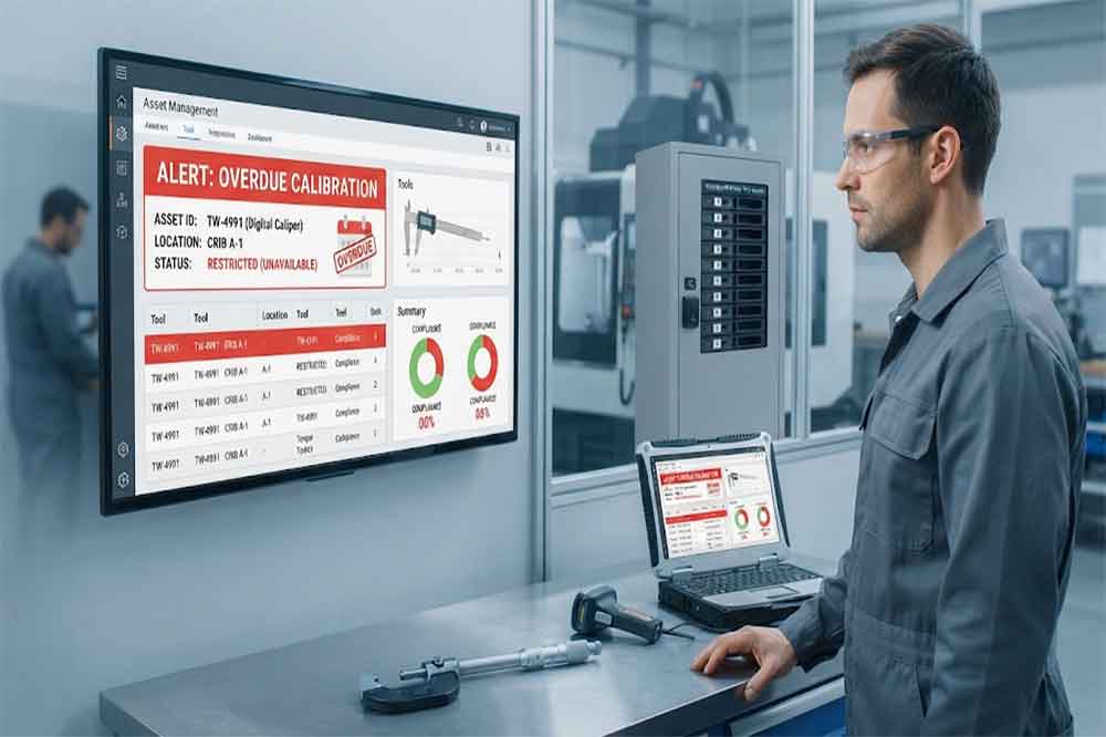 RFID tool management system showing an overdue calibration warning