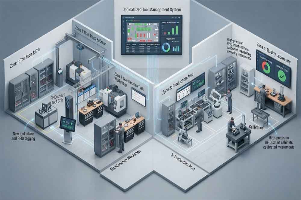 Centralized RFID system tracking calibrated tools across multiple factory locations