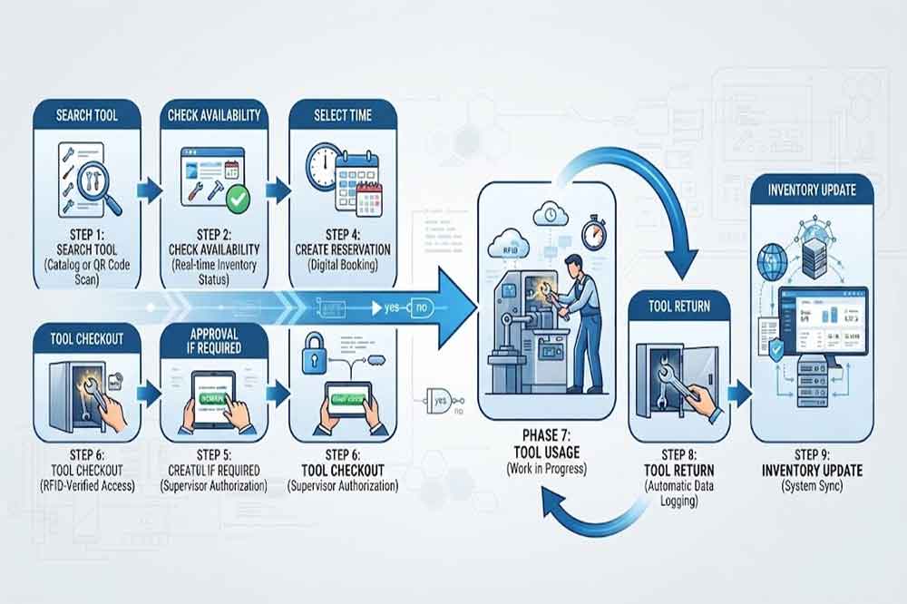 RFID tool reservation workflow from tool search to checkout