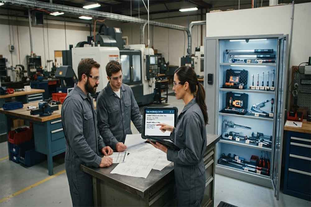 Maintenance technicians reserving shared industrial tools