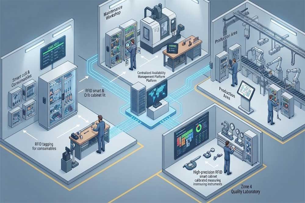 Centralized RFID system showing tool availability across multiple factory locations