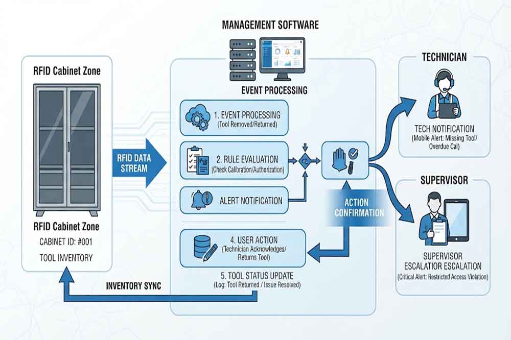 RFID event to notification workflow for smart tool management