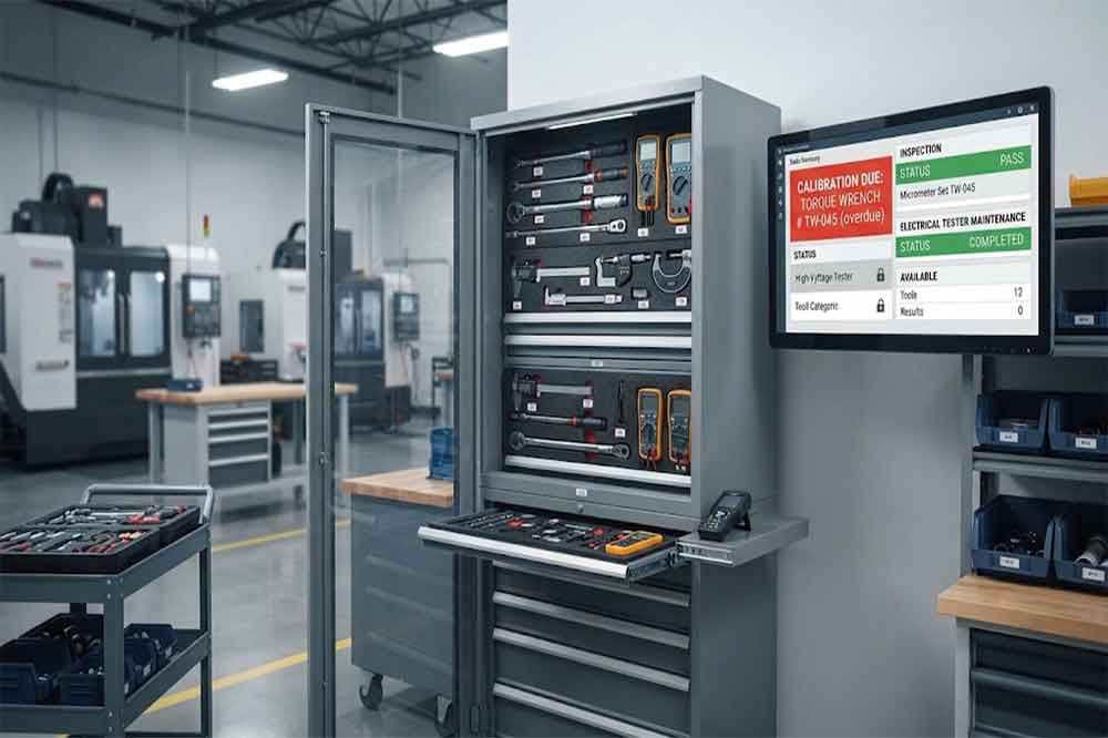 RFID tool cabinet showing calibration and maintenance status alerts