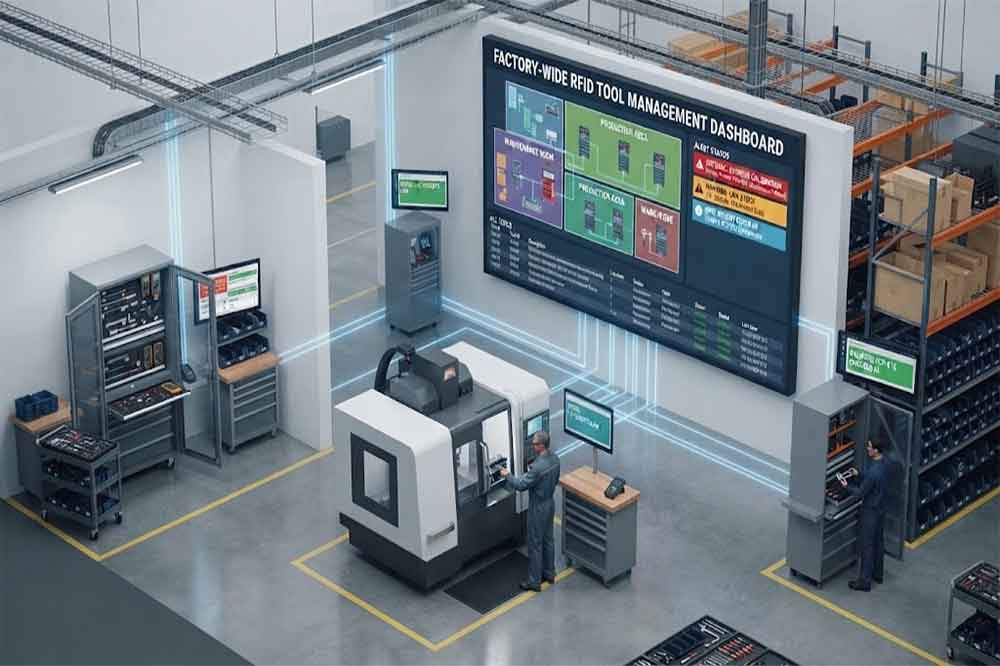 Centralized RFID tool alerts across multiple industrial tool cabinets