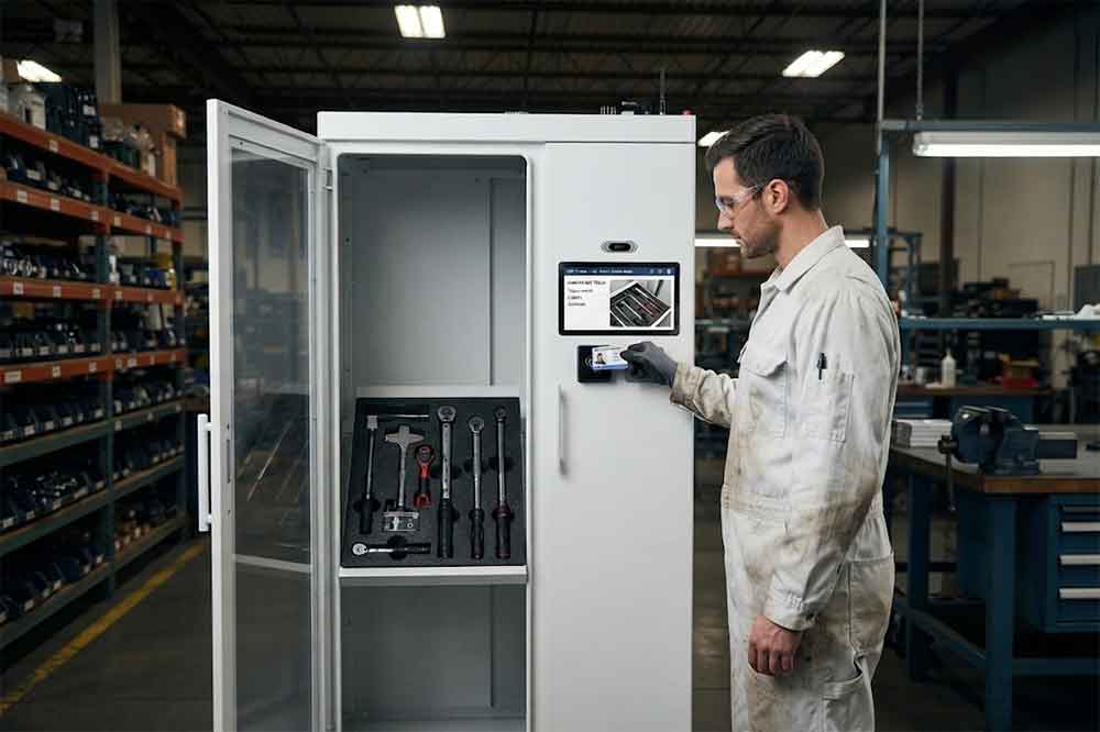 RFID Tool Cabinet for Tool Crib Management: Smarter Tool Room Operations 2 Technician checking out tools from an RFID smart tool cabinet