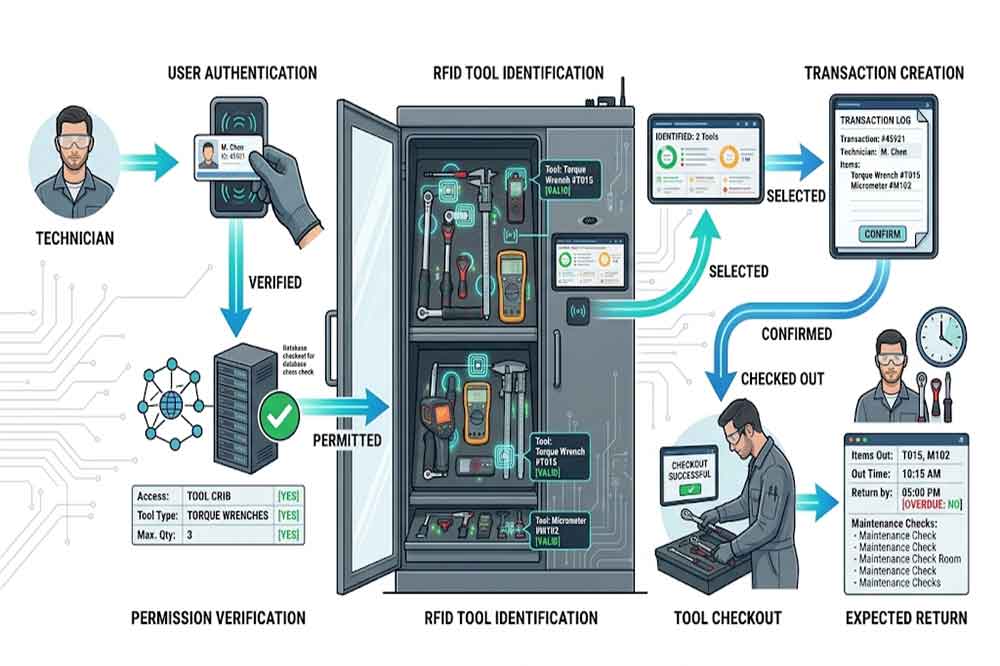 RFID workflow for identifying users and issuing industrial tools