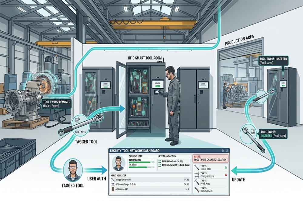 RFID system tracking tools issued and returned across multiple tool cabinets