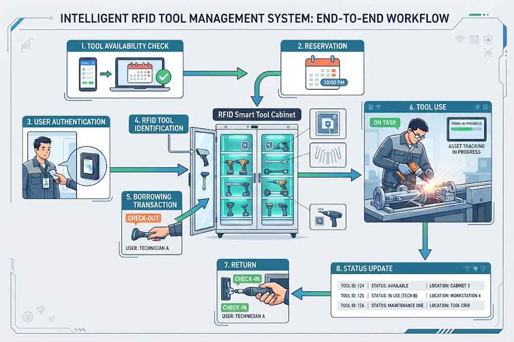 RFID workflow for tool availability authentication borrowing and return