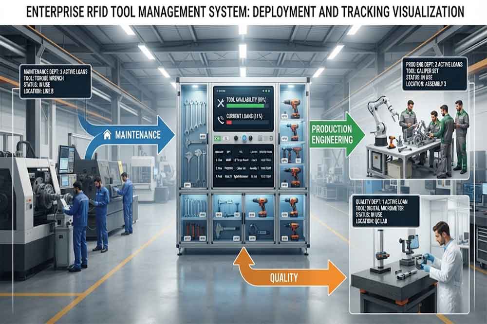 RFID system tracking tools borrowed between factory departments