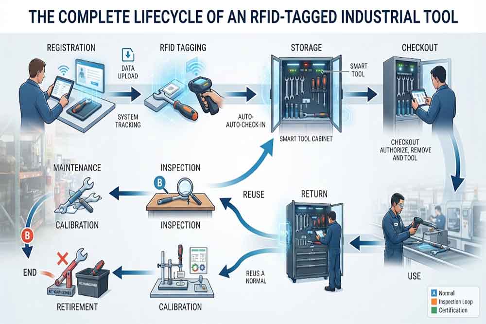 RFID Tool Cabinet for Tool Traceability: Tracking the Complete Tool History 1 RFID tool lifecycle from registration and checkout to maintenance, calibration, and retirement