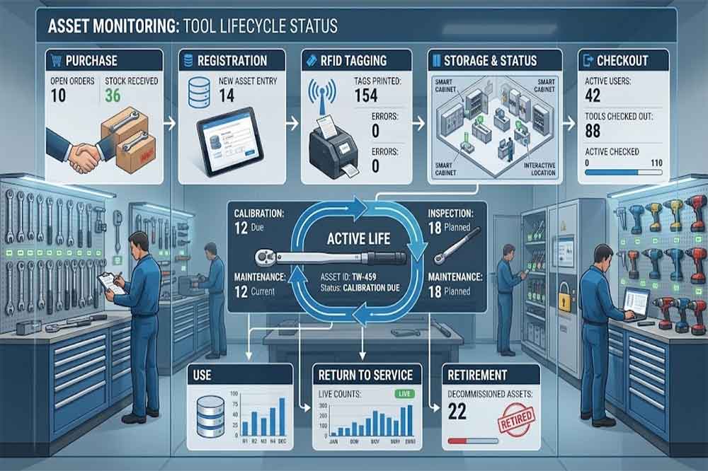 RFID software showing available, checked out, maintenance and calibration tool statuses