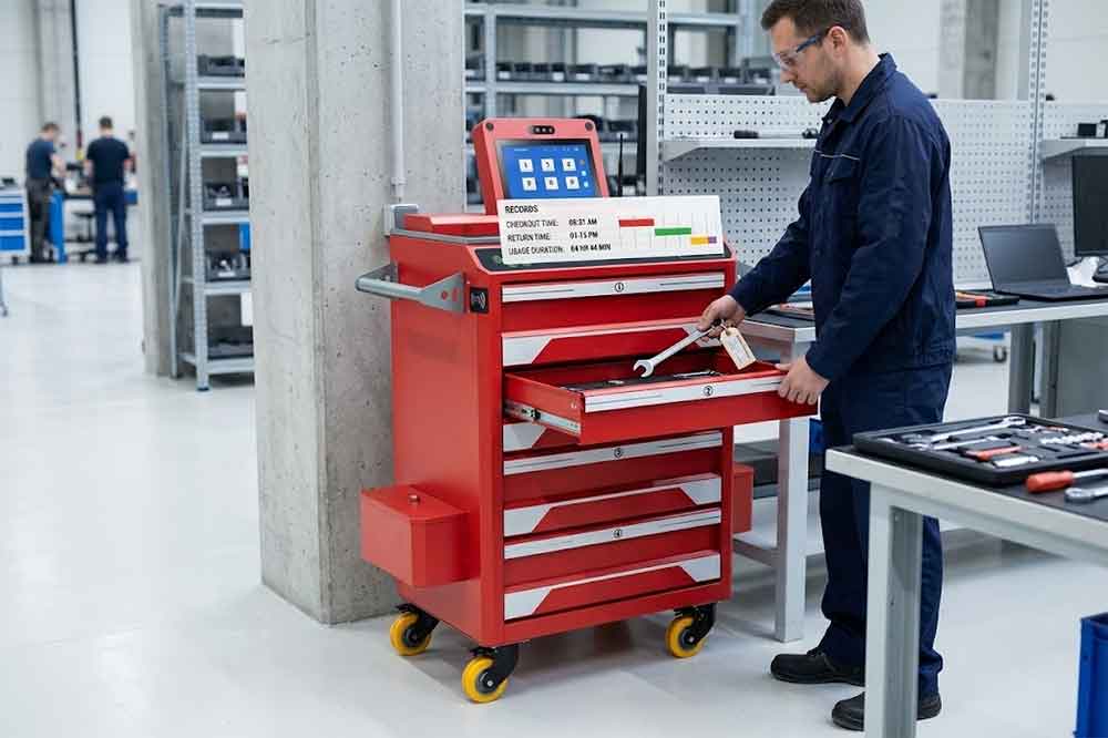 RFID system tracking tool checkout and return times to calculate usage duration