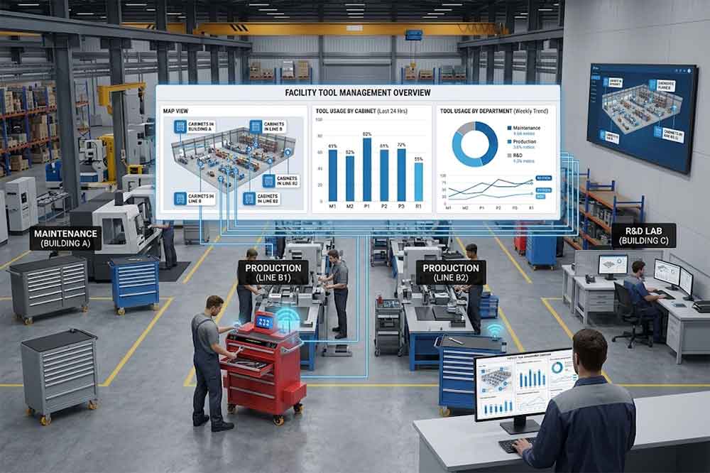 Centralized RFID dashboard monitoring tool usage across multiple factory cabinets