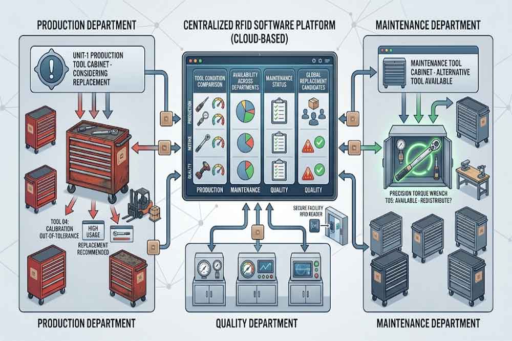 RFID system comparing tool availability across multiple factory locations