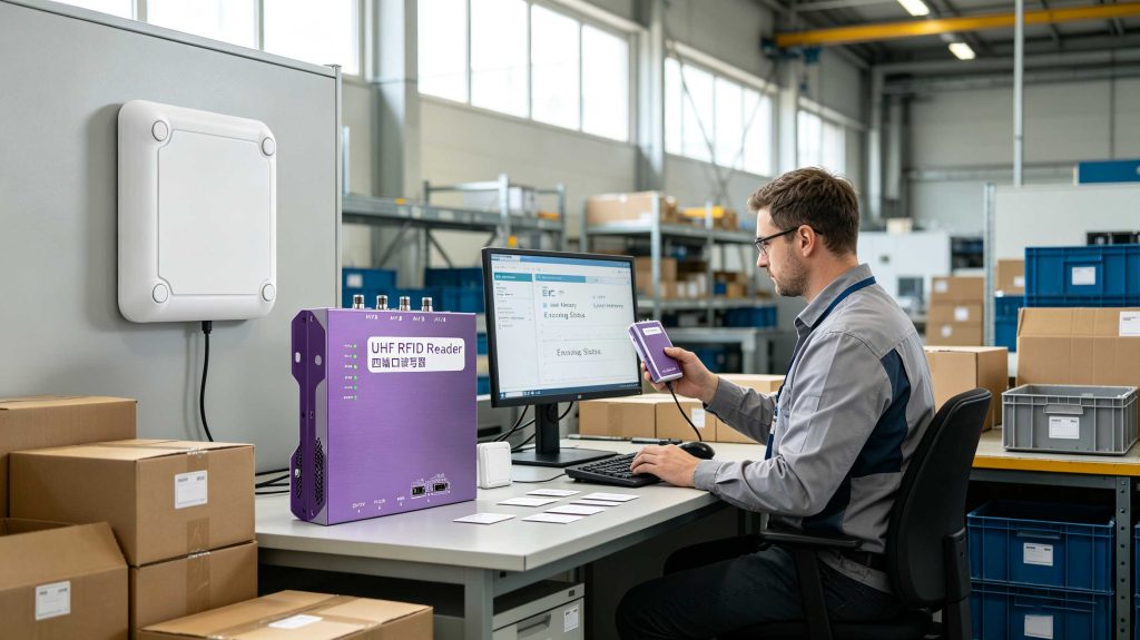 Engineer encoding UHF RFID tags at a workstation in a European manufacturing facility